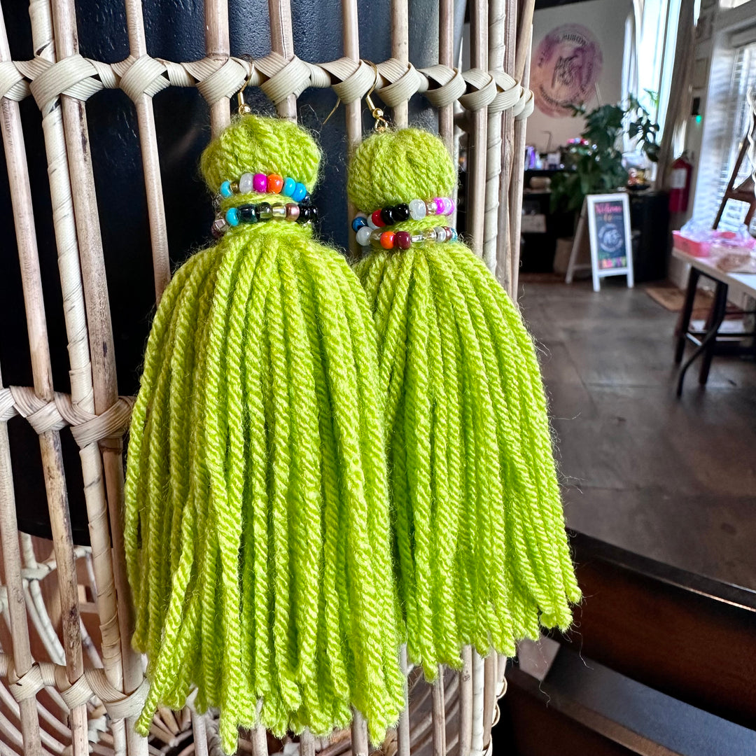 'Laya X' - Beaded Lime Green Yarn Earrings