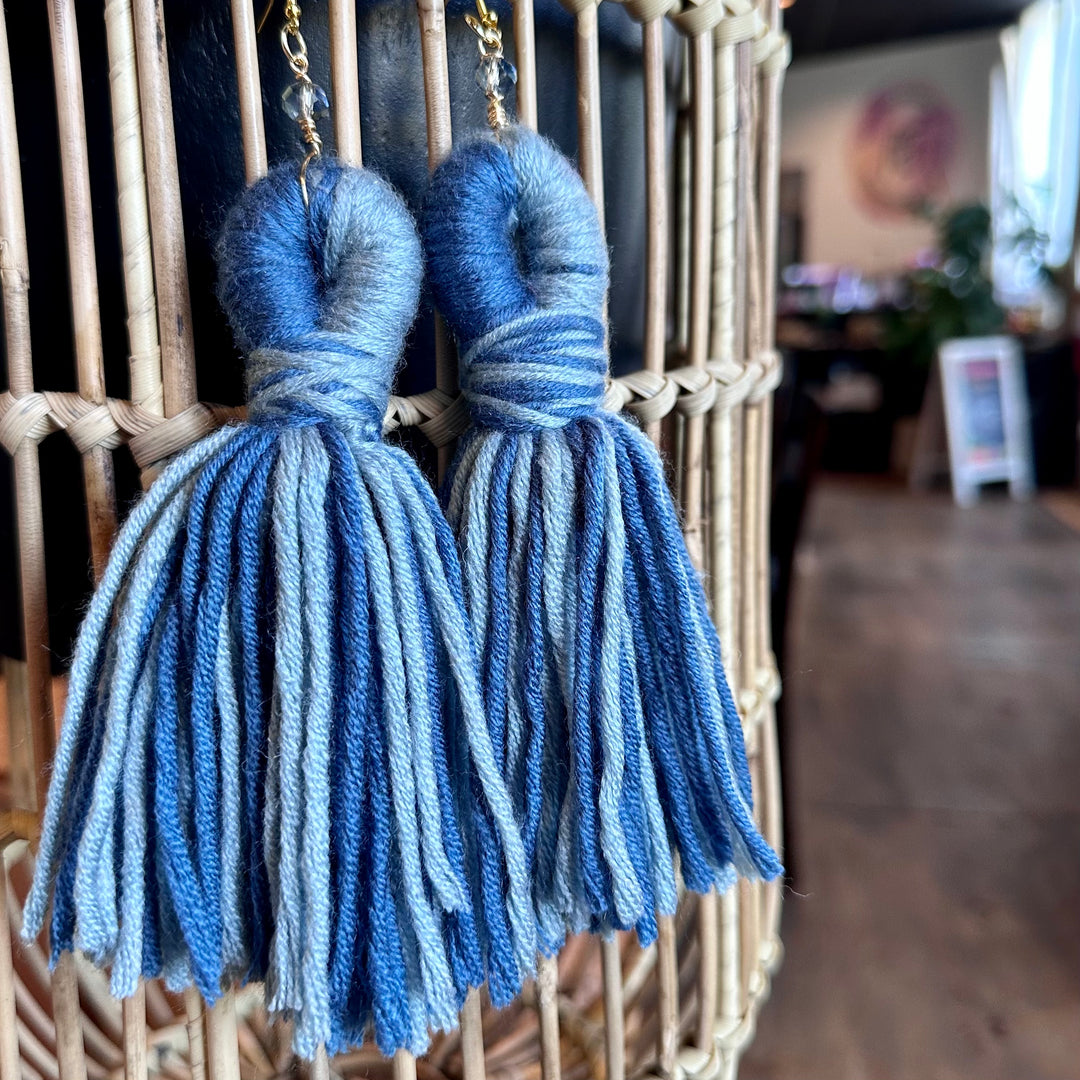'Kali' - Denim Blue + Taupe Yarn Earrings