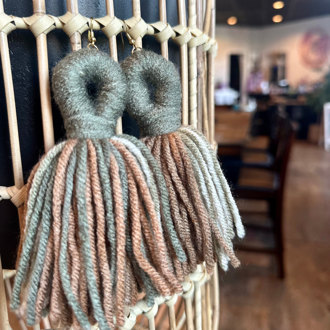 'Kali' - Olive + Brown Multi Yarn Earrings