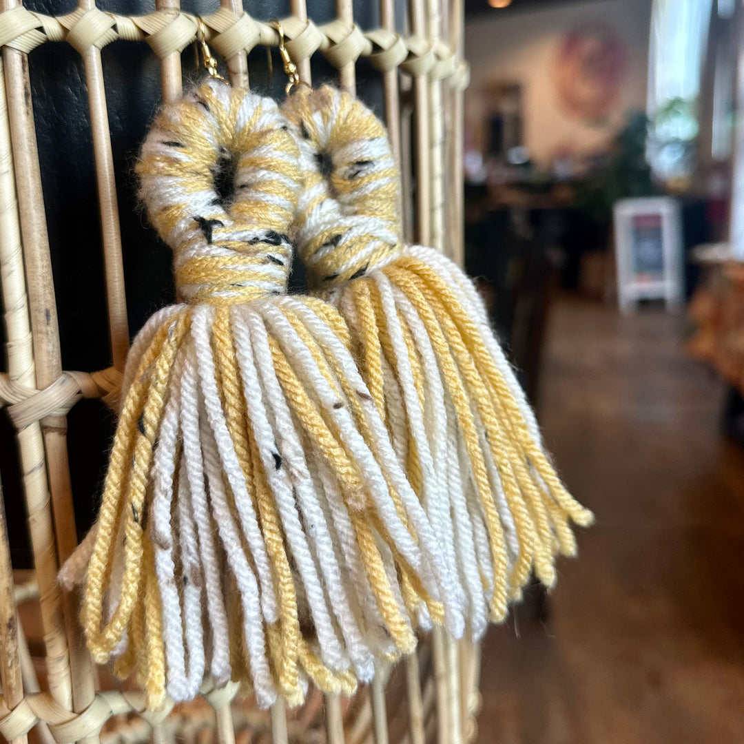 'Kali' - Light Mustard + Speckled Cream Yarn Earrings