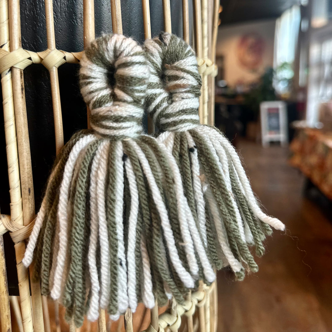 'Kali' - Sage + Speckled Cream Yarn Earrings STUDS