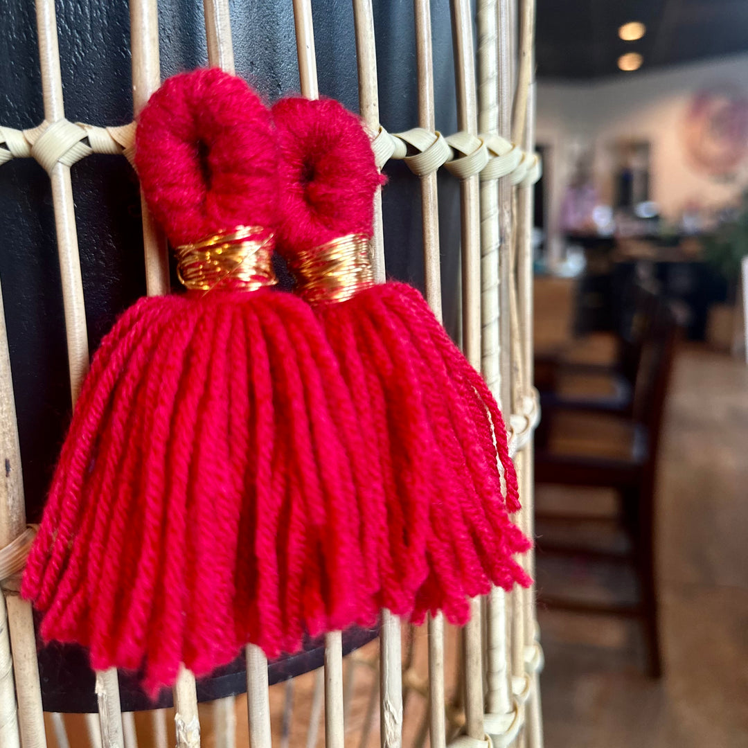 'Kali' - Red + Gold Yarn Earrings STUDS