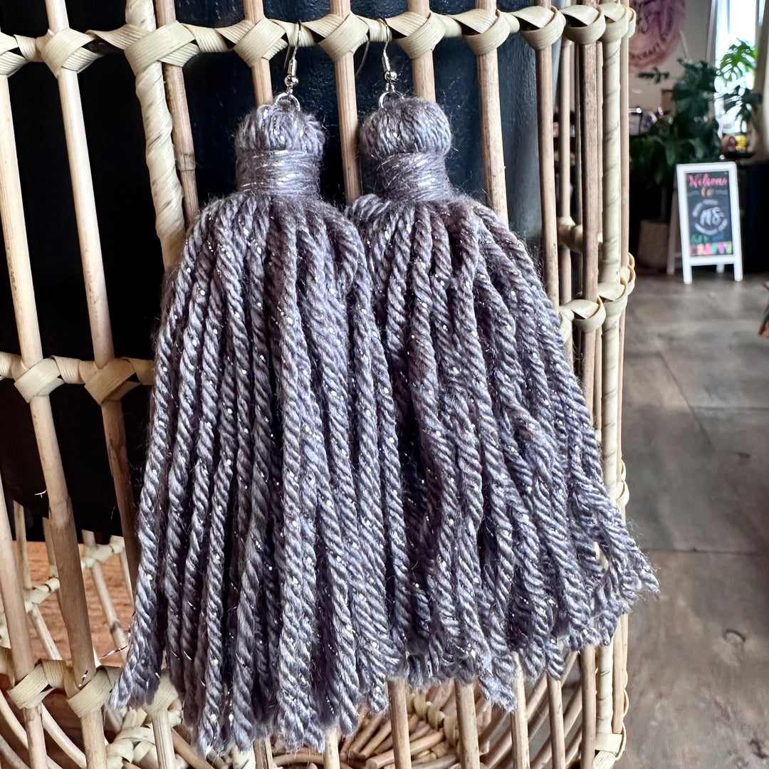 'Laya' - Gray + Silver Yarn Earrings