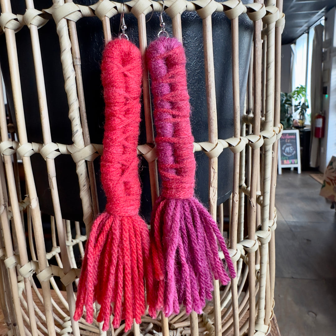 'Yanni' - Red/Orange + Purple Multi Yarn Earrings