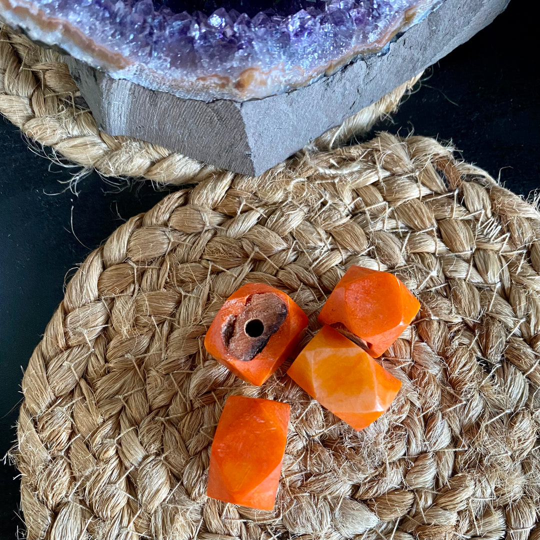 Orange Hexagon Bone and Wood Focal Bead