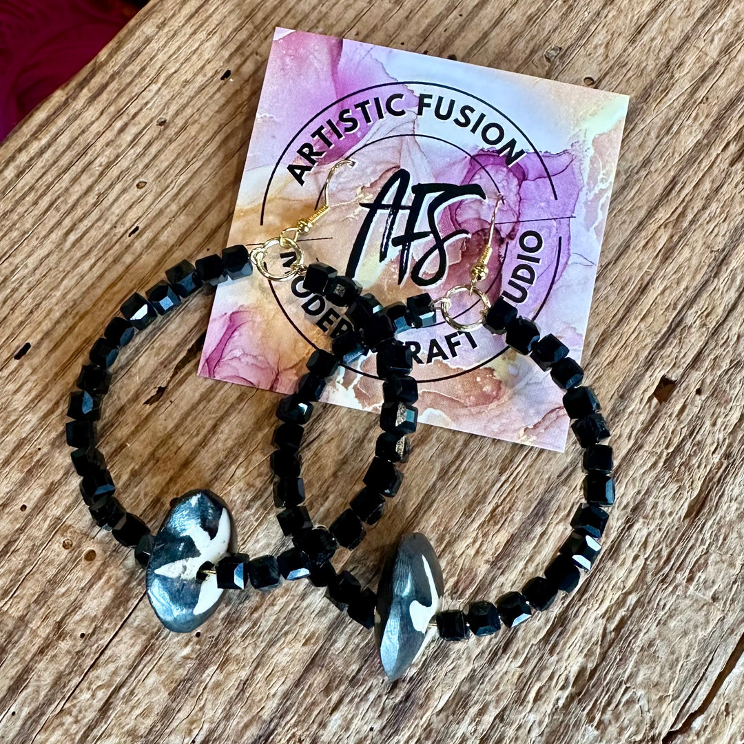 Black Crystal & Bone Hoop Earrings