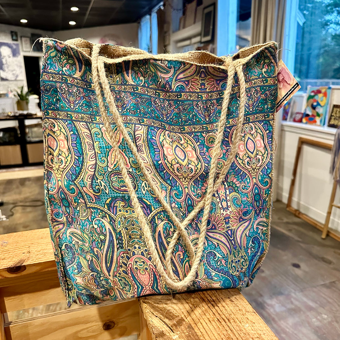 Paisley Print Silk and Jute Tote