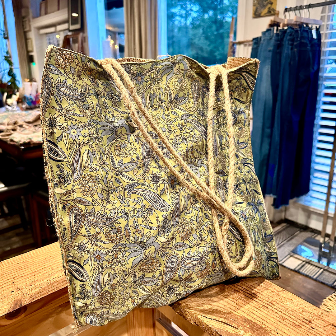 Paisley Print Silk and Jute Tote