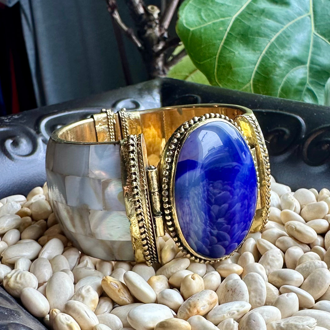 Mother of Pearl & Agate Cuff Bracelet - Royal Blue