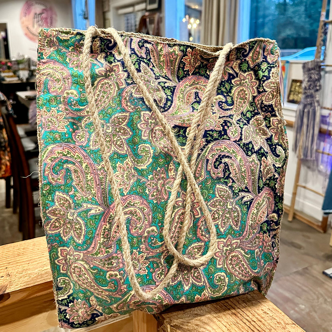 Paisley Print Silk and Jute Tote