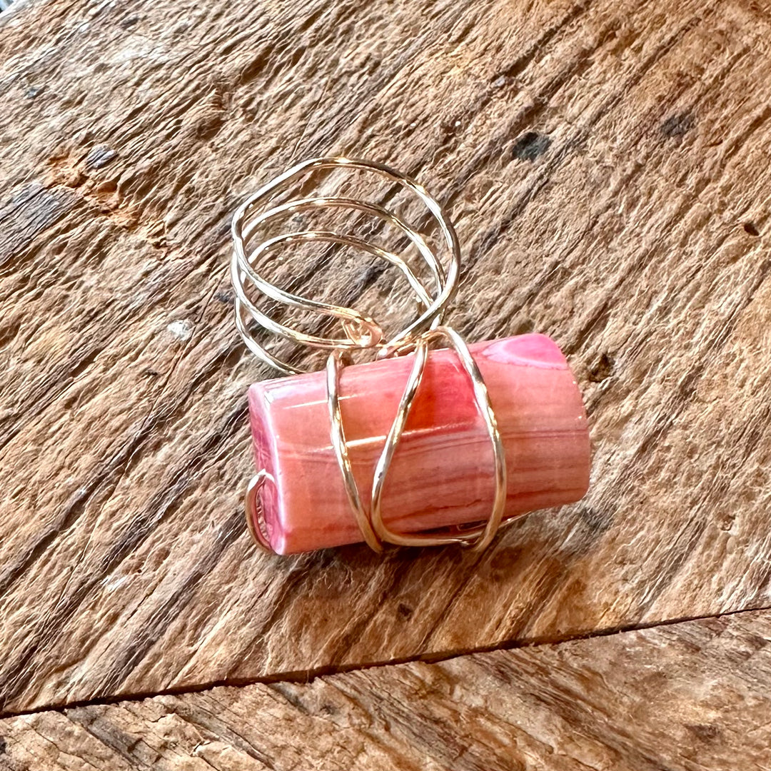 Gold Wire +Pink Agate Adjustable Ring