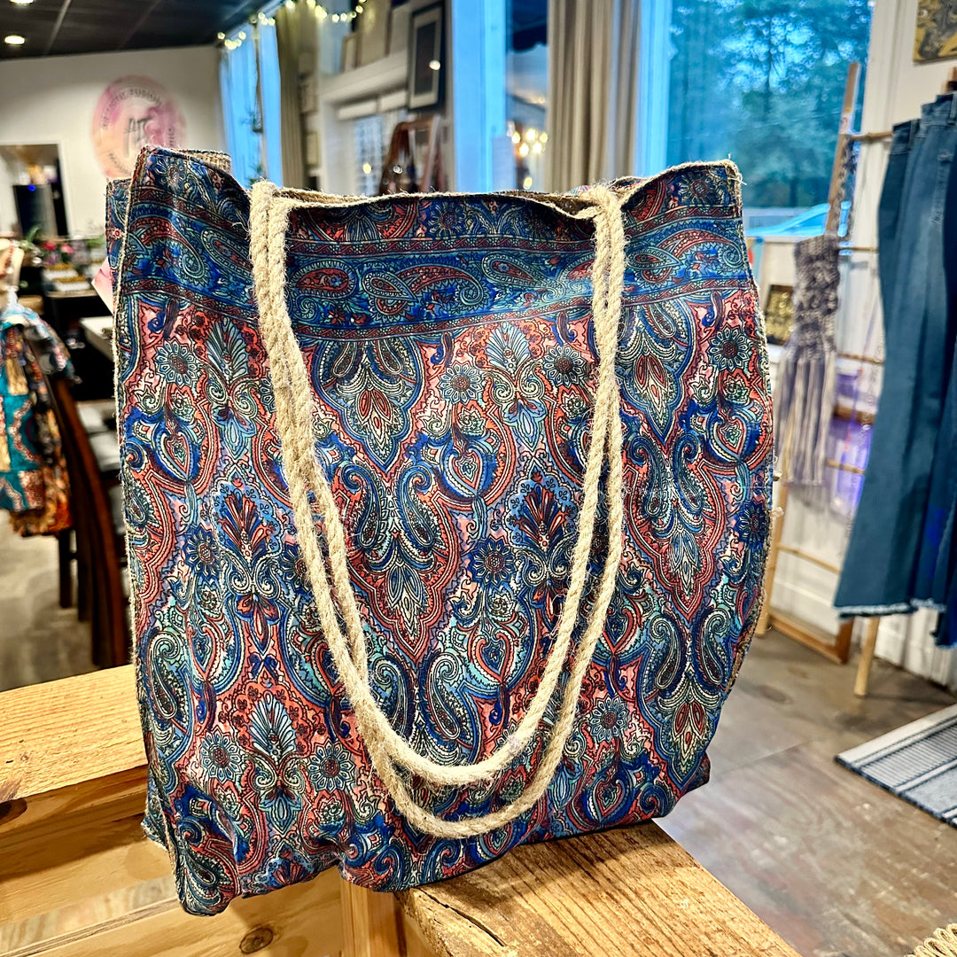 Paisley Print Silk and Jute Tote