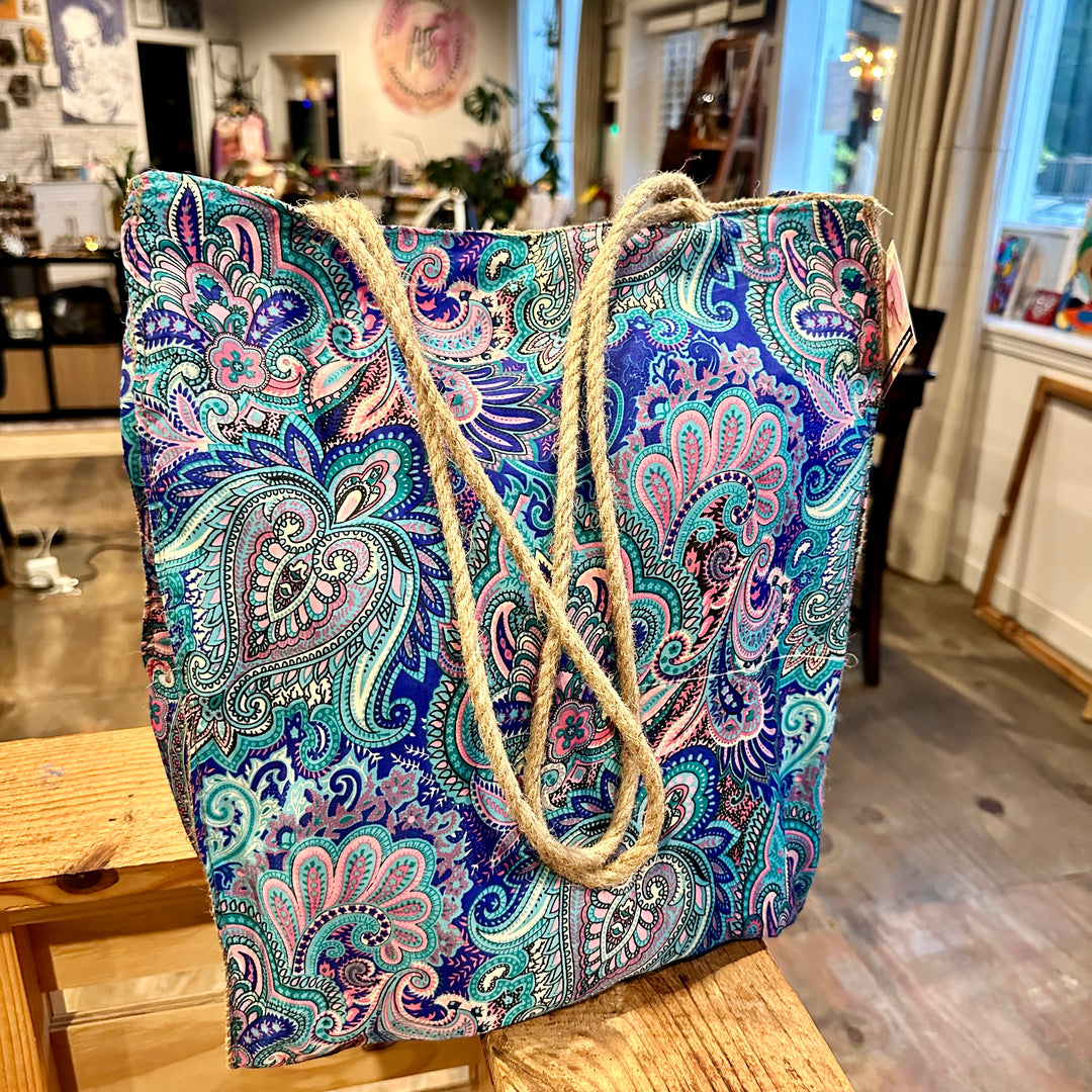 Paisley Print Silk and Jute Tote