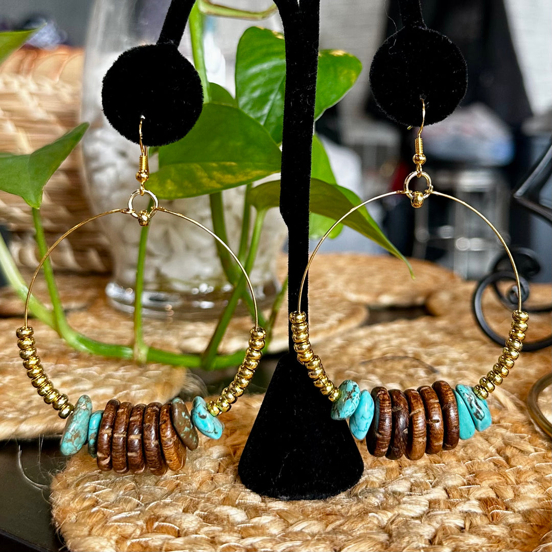 'Kenya' Howlite + Wood Hoop Earrings