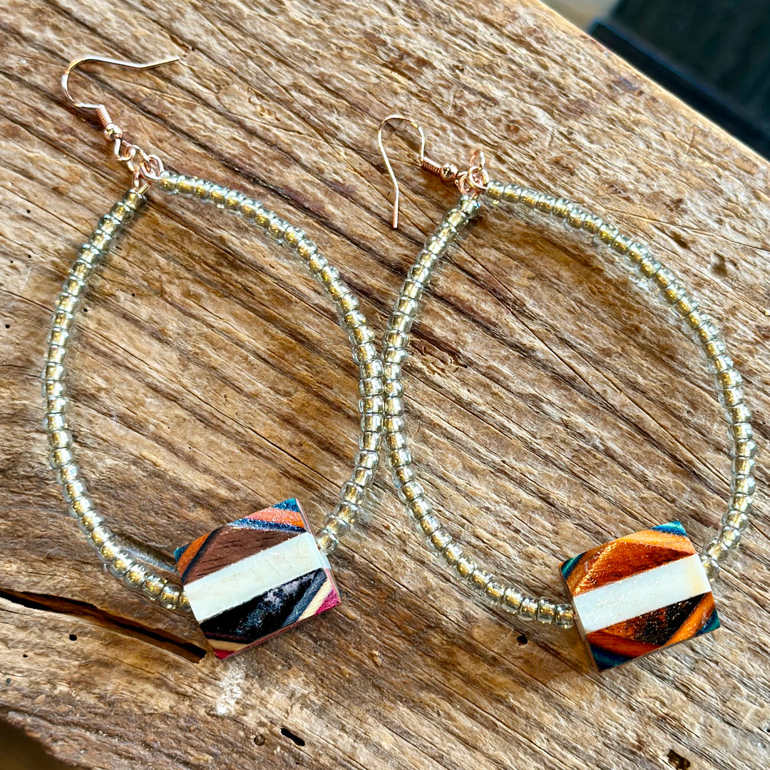 Golden Beads & Multi-Color Wood Earrings