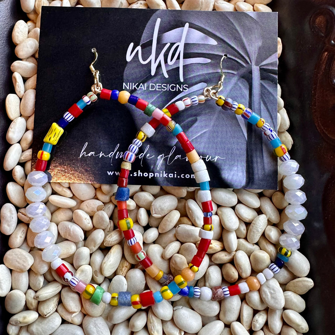 African Seed Beads & Crystal Hoop Earrings