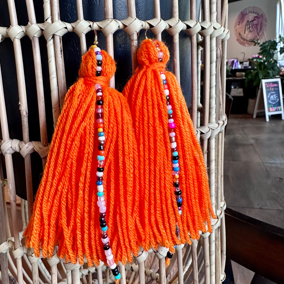 'Laya X' - Beaded Neon Orange Yarn Earrings