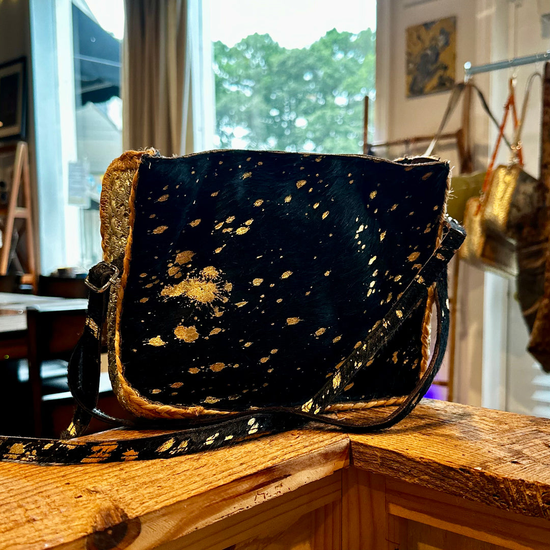 Roxy Painted Jute Crossbody Black Gold Artistic Fusion Craft Studio