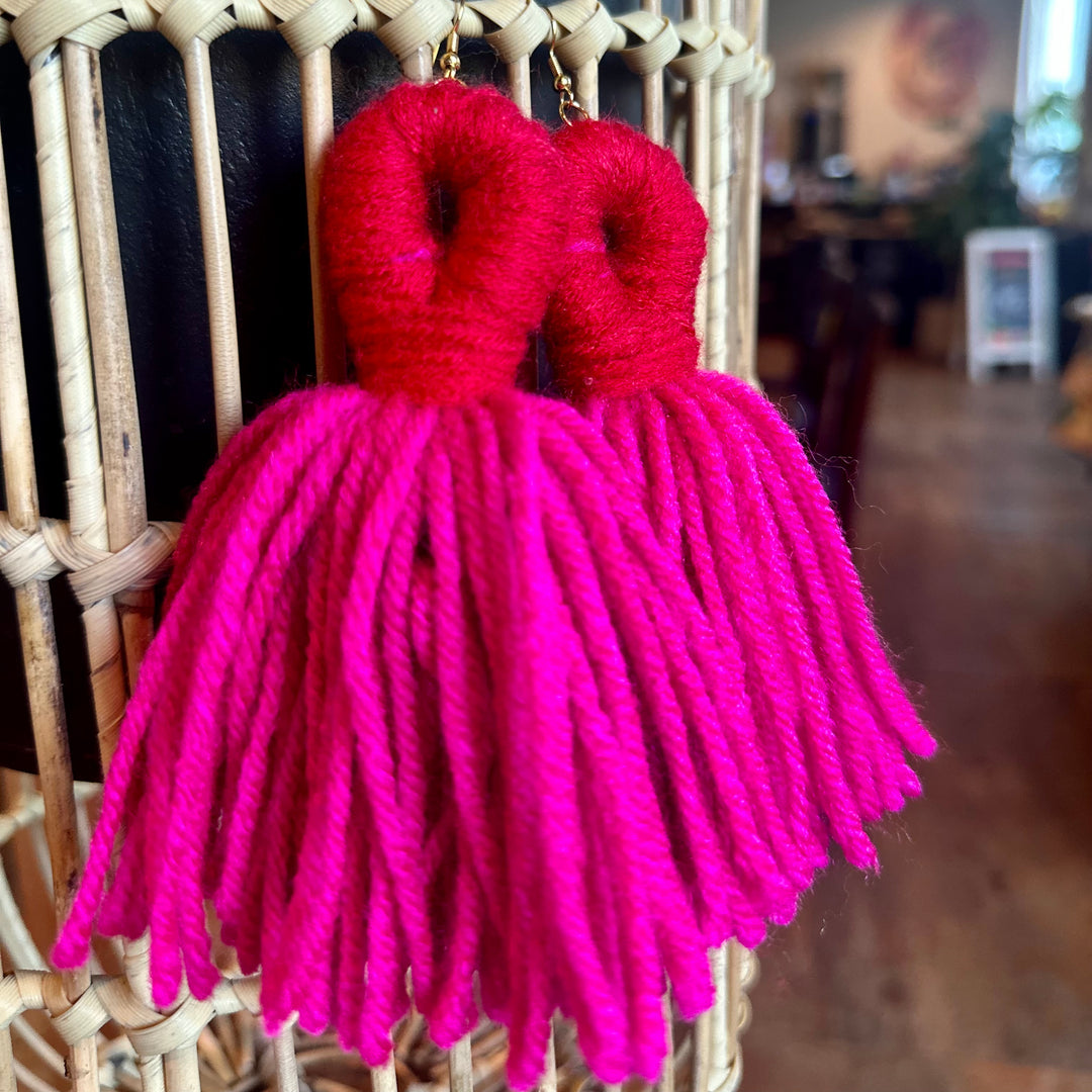 'Kali' - Pink + Red Yarn Earrings
