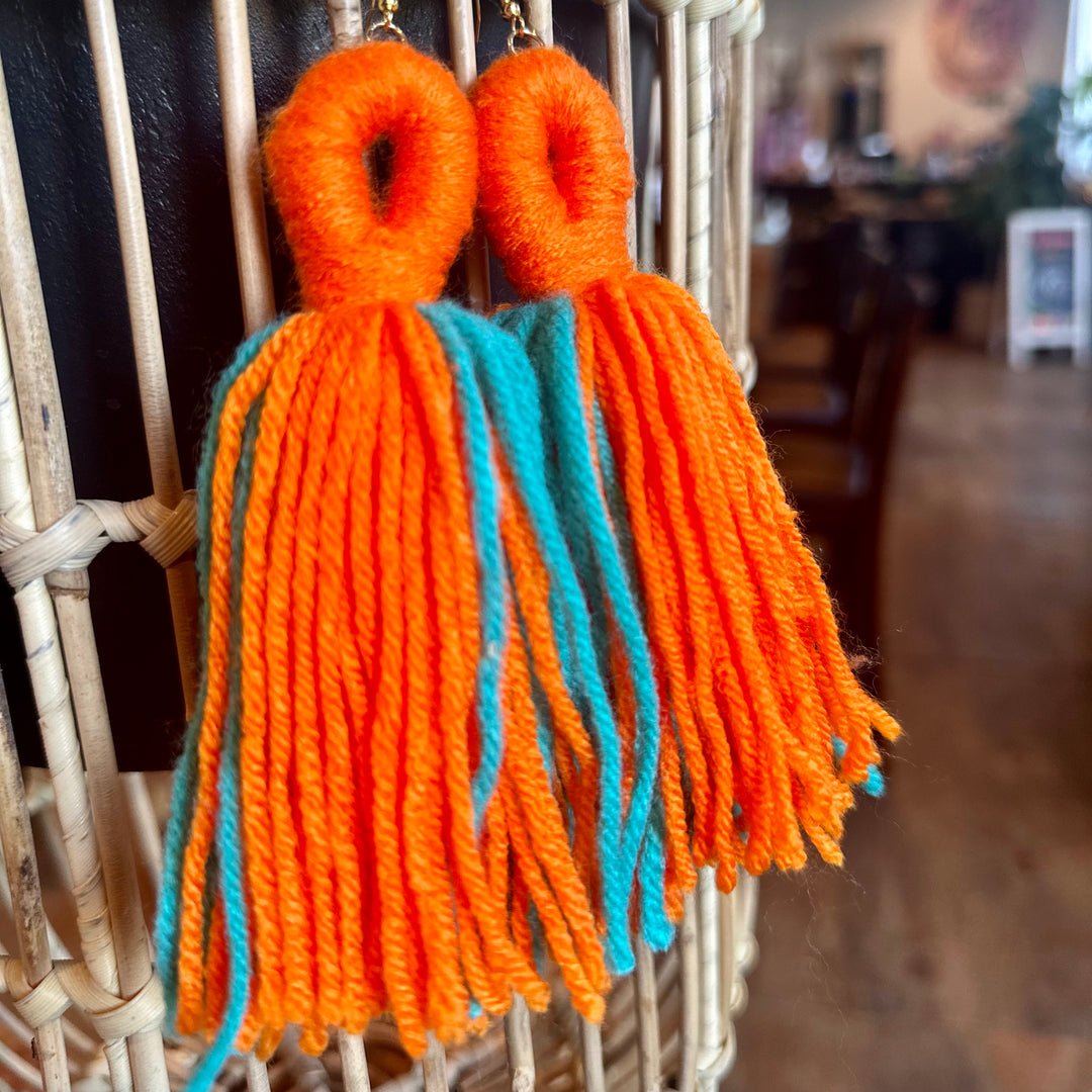 'Kali' - Neon Orange + Turquoise Yarn Earrings