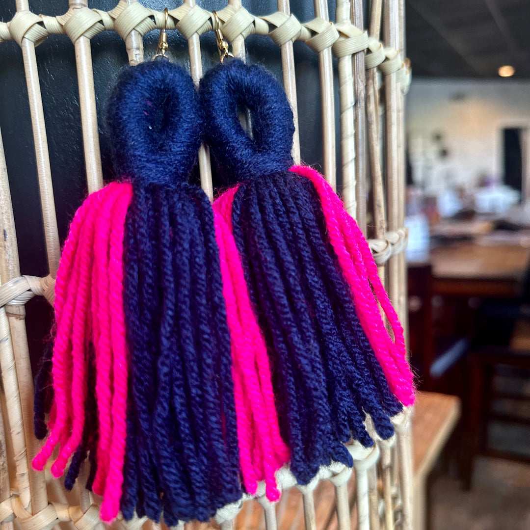 'Kali' - Blue + Pink Yarn Earrings