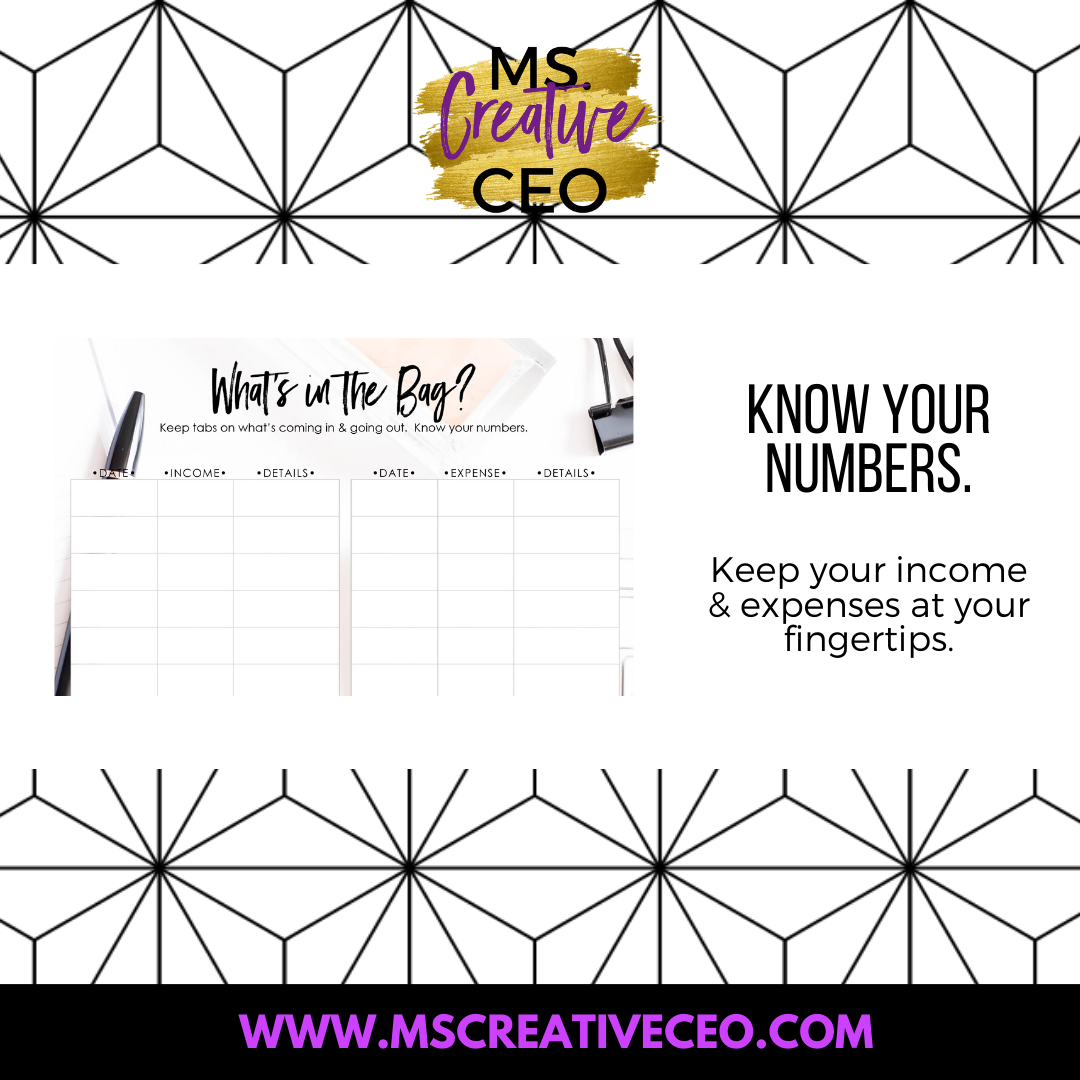 Ms. Creative CEO - What's in the Bag Income and Expense Tracker
