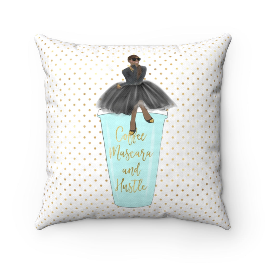 'Coffee, Mascara + Hustle' - Gold + White Spun Polyester Pillow