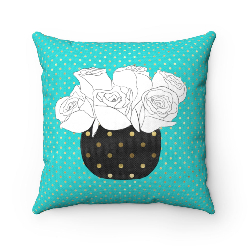 Roses - Gold + Tiffany Blue Spun Polyester Pillow
