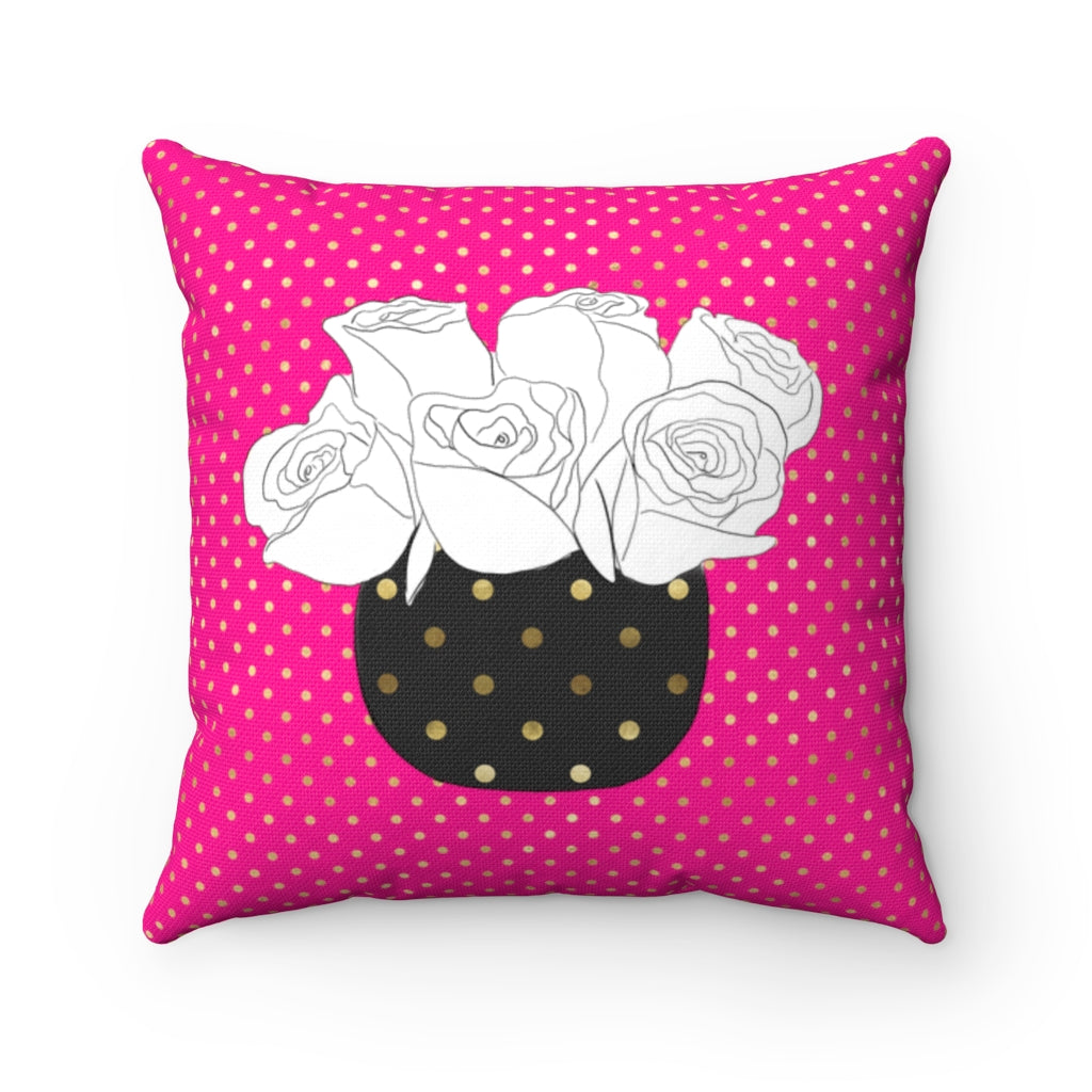 Roses - Gold + Haute Pink Spun Polyester Pillow