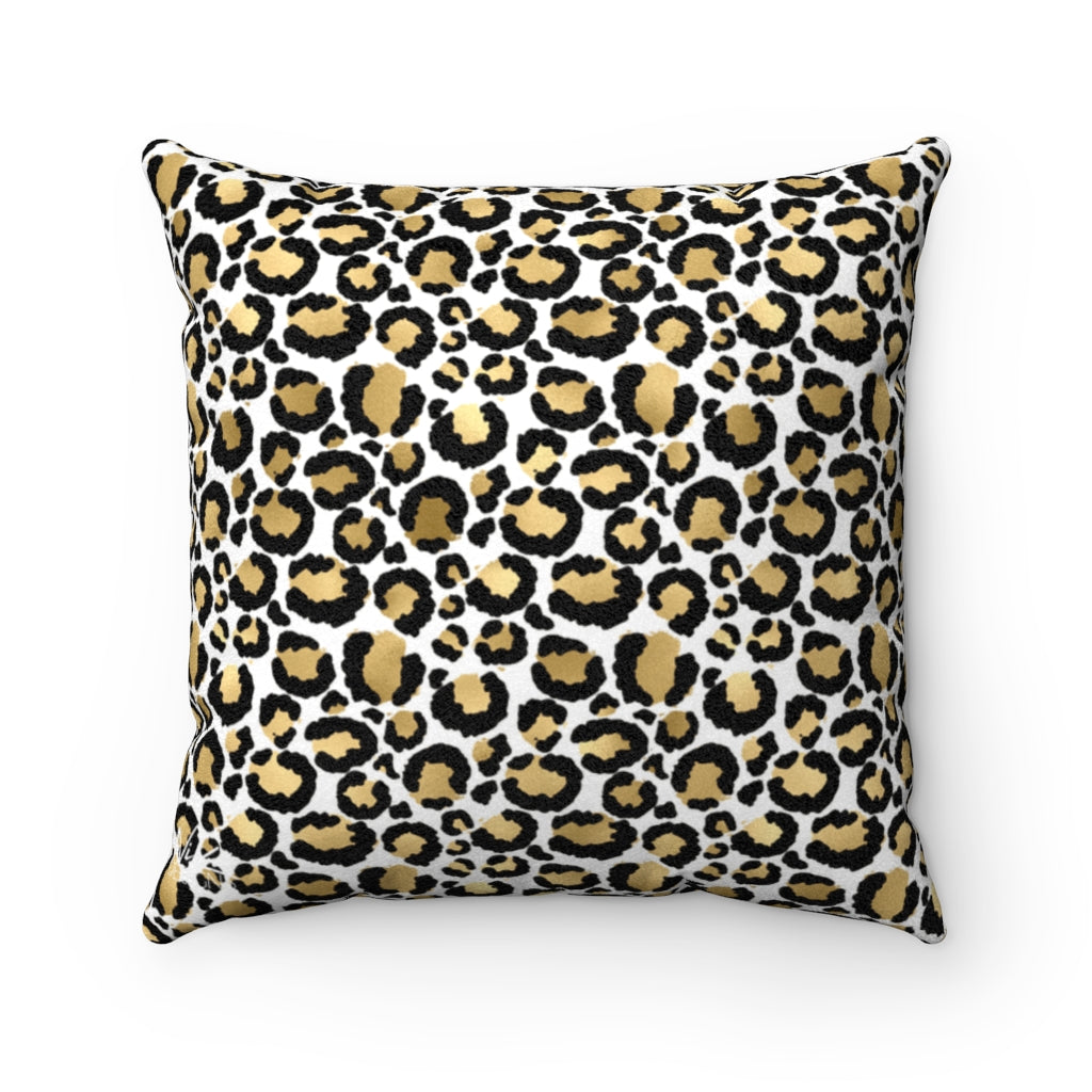Leopard Print - White + Gold Faux Suede Pillow