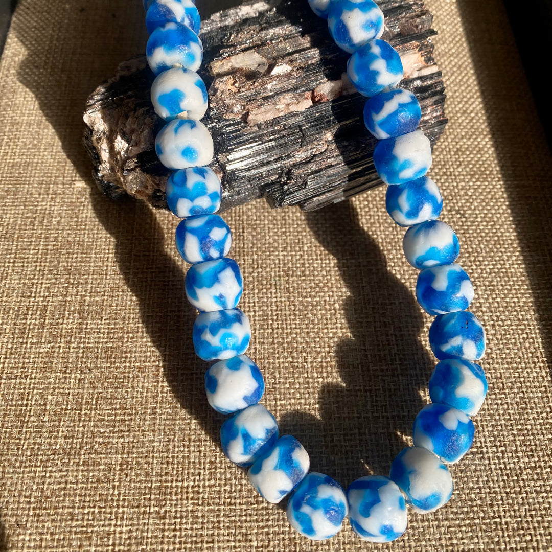 Blue/White Speckled Recycled African Glass - 12mm