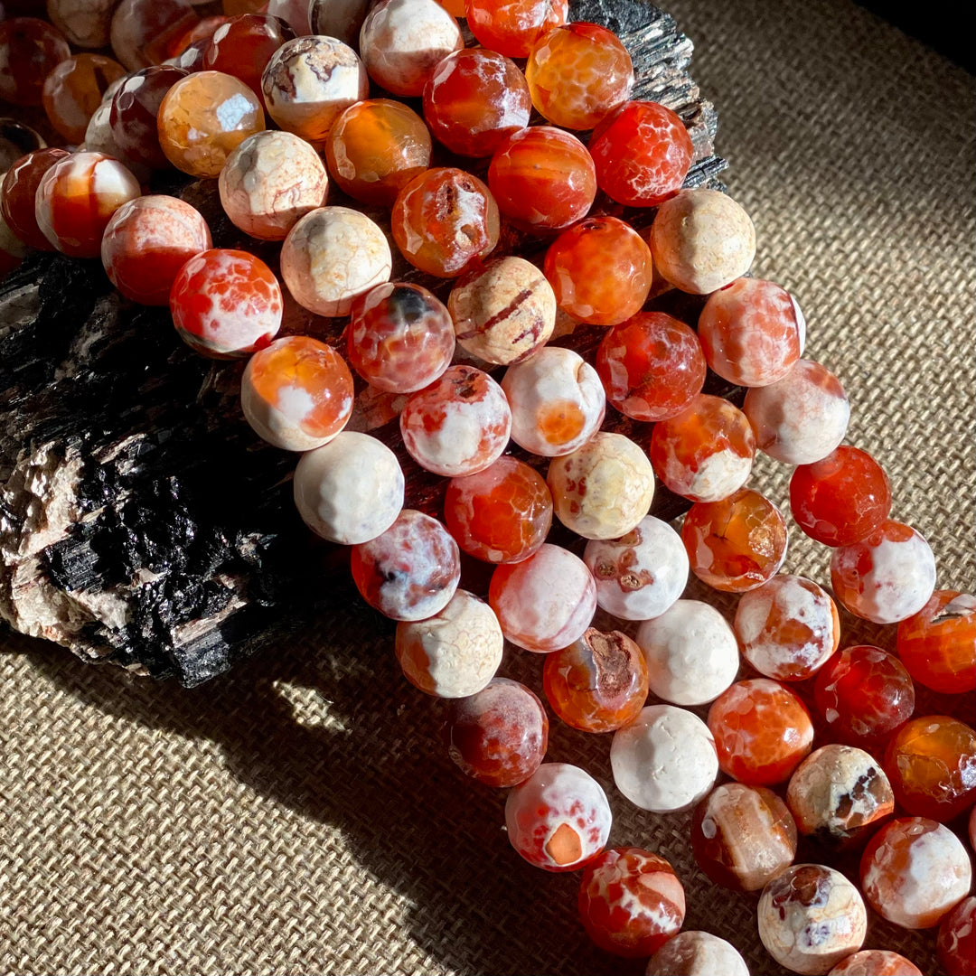 Orange and White Faceted Fire Agate 10mm Strand