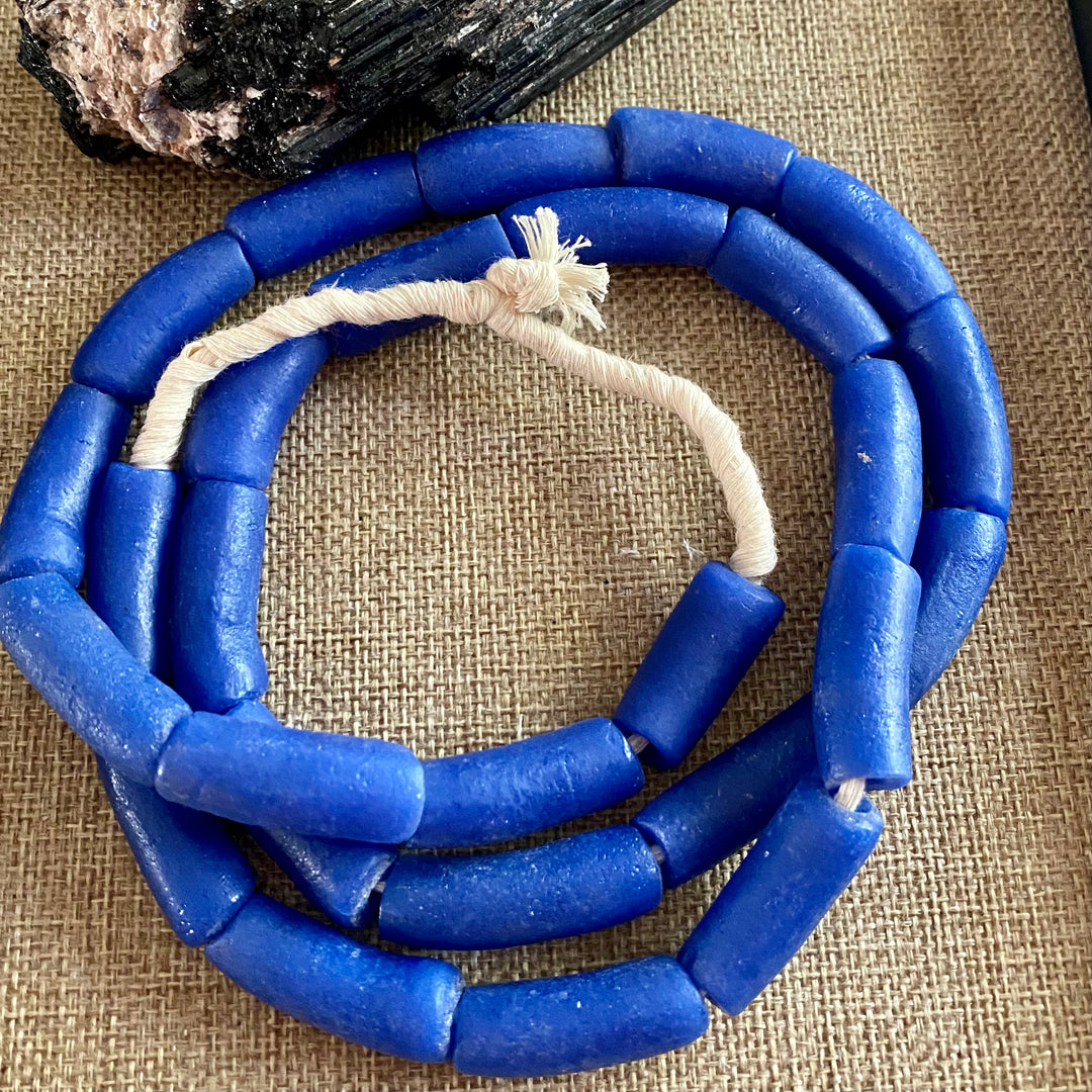 Royal Blue Recycled African Glass Tube Beads - Full Strand