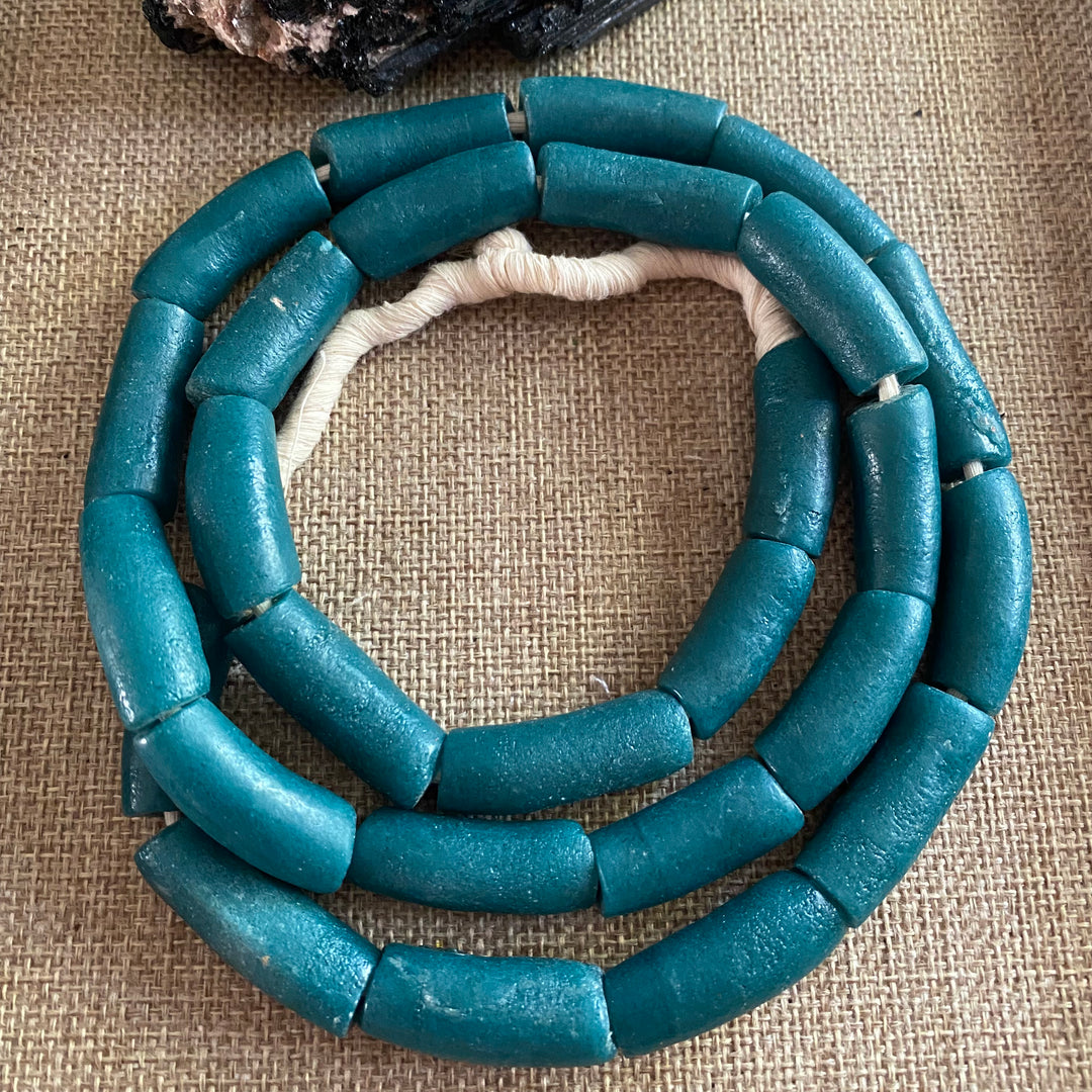 TEAL Recycled African Glass Tube Beads - Full Strand
