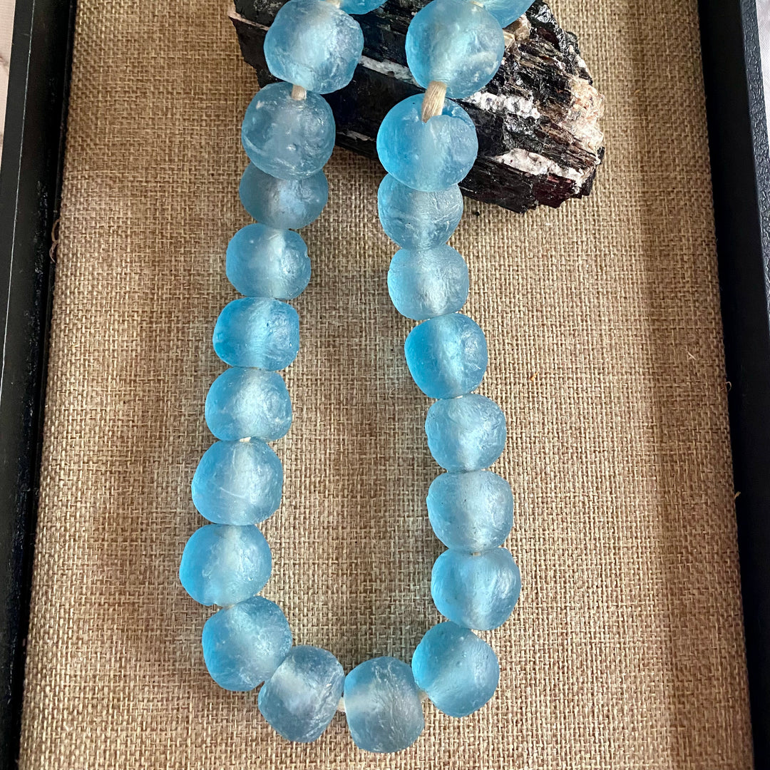 Sky Blue Recycled African Glass Round Beads - Full Strand