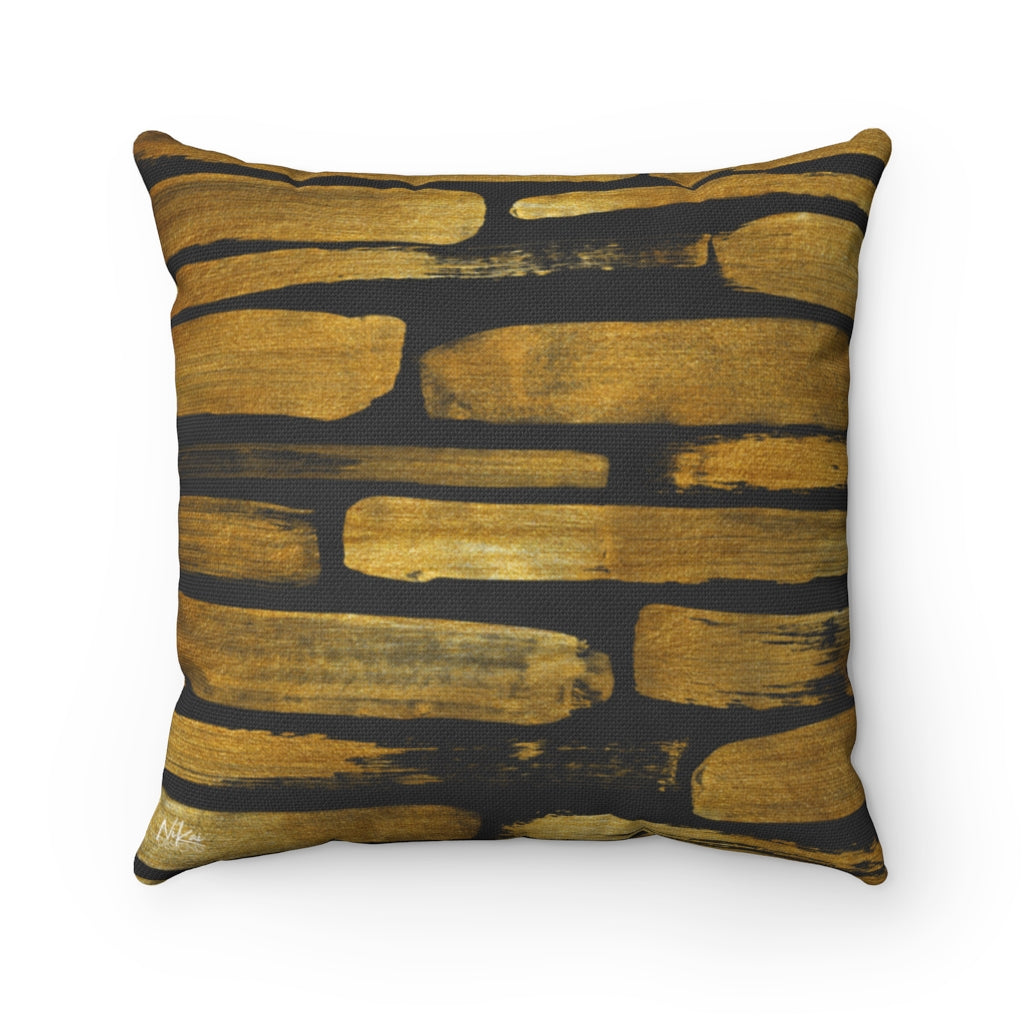 Abstract Brick  - Black + Gold Spun Polyester Pillow
