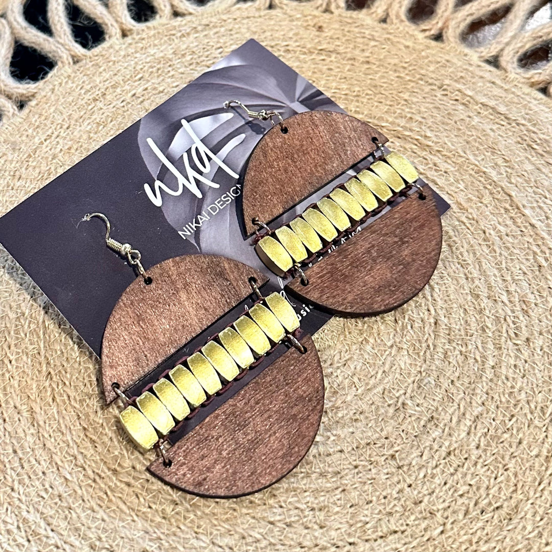 Brown + Gold Wood Circle Earrings