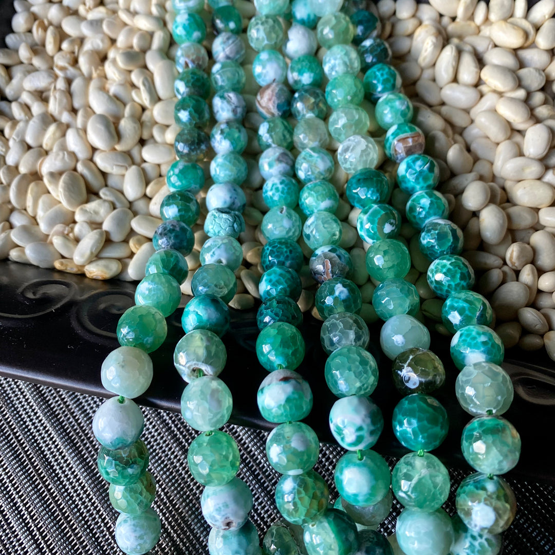 Green and White Faceted Fire Agate 10mm Strand