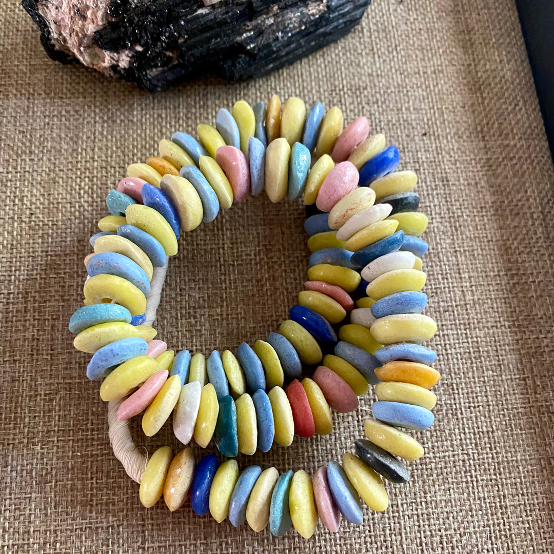 14MM MULTI-COLORED ASHANTI AFRICAN GLASS SAUCER/DISC SHAPED BEADS - APPROX. 16" STRAND