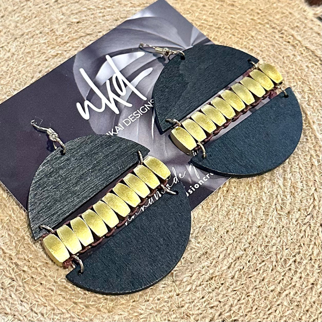 Black + Gold Wood Circle Earrings