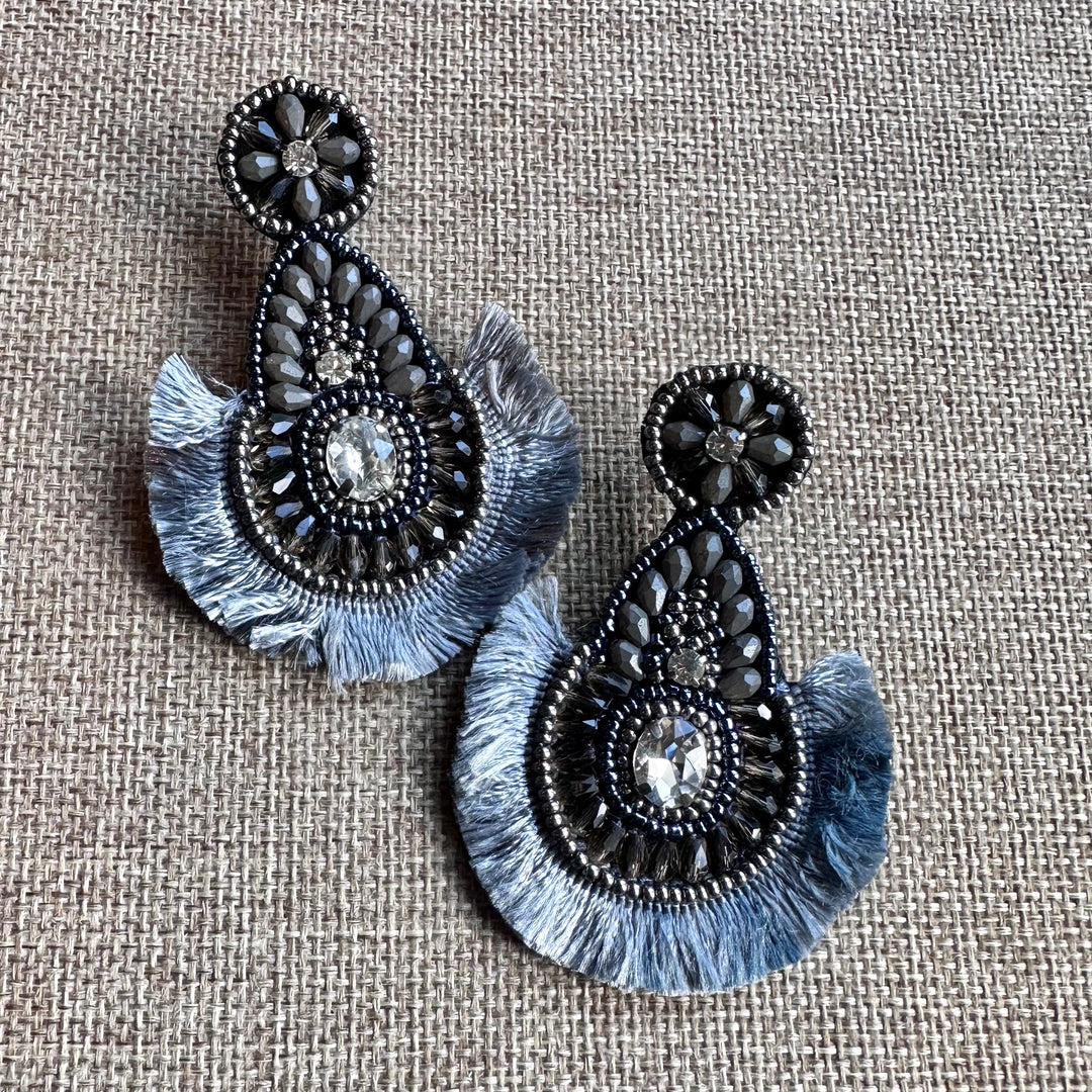 Gray Bead + Fringe Earrings