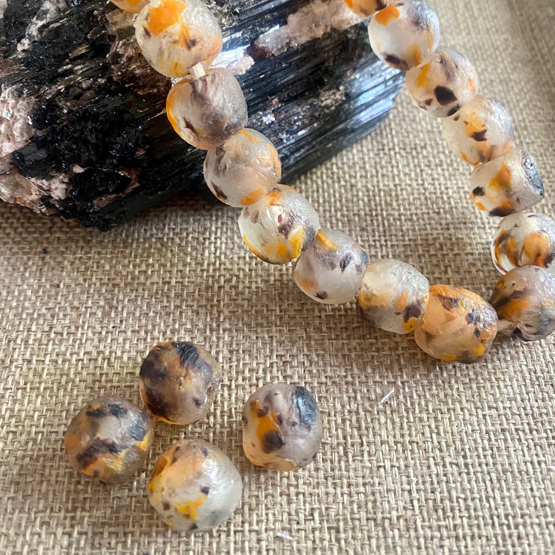 Orange and Black Speckled Recycled Glass Loose Beads- 12x14mm
