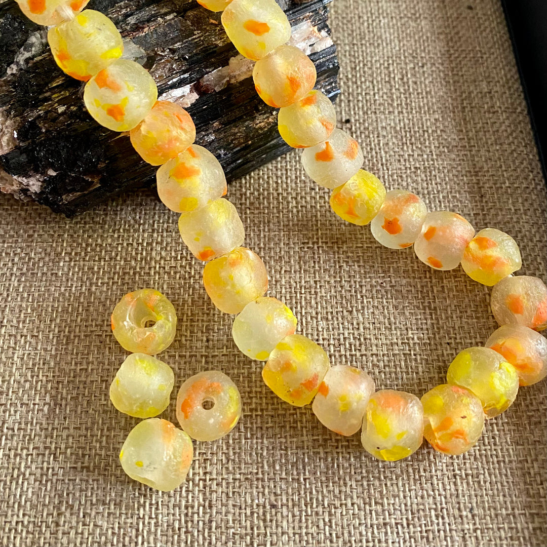 Yellow & Orange Speckled Recycled Glass Loose Beads- 14mm